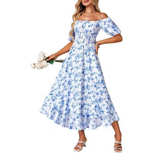 image:imageLYANER Womens Floral Off Shoulder Puff Sleeve A Line Ruched Ruffle Layered Boho Long DressBlue