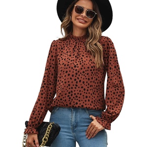 image:imageLYANER Womens Frill Mock Neck Flounce Long Sleeve Solid Blouse Office Shirt Top2 Orange