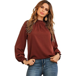 image:imageLYANER Womens Frill Mock Neck Flounce Long Sleeve Solid Blouse Office Shirt TopCaramel
