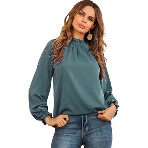 image:imageLYANER Womens Frill Mock Neck Flounce Long Sleeve Solid Blouse Office Shirt TopTurquoise