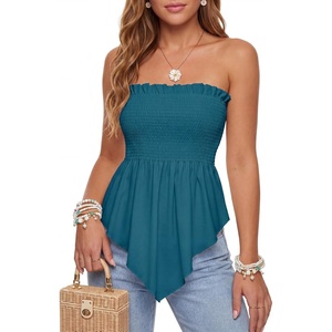 image:imageLYANER Womens Frill Shirred Ruffle Hem Strapless Tube Top Sleeveless Pleated Peplum Bandeau BlouseTeal Blue