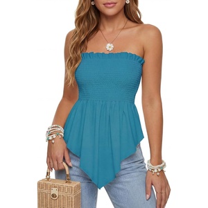 image:imageLYANER Womens Frill Shirred Ruffle Hem Strapless Tube Top Sleeveless Pleated Peplum Bandeau BlouseTurquoise Green