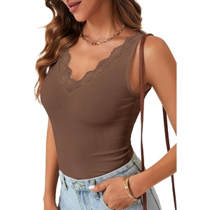 image:imageLYANER Womens Lace Trim V Neck Camisole Top Ribbed Knit Basic Cami Tank Sleeveless Undershirt TopsBrown