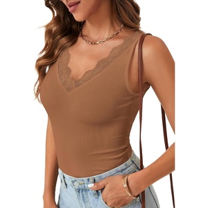 image:imageLYANER Womens Lace Trim V Neck Camisole Top Ribbed Knit Basic Cami Tank Sleeveless Undershirt TopsCaramel