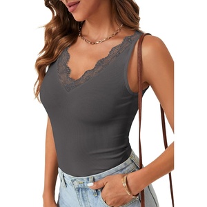 image:imageLYANER Womens Lace Trim V Neck Camisole Top Ribbed Knit Basic Cami Tank Sleeveless Undershirt TopsDark Gray