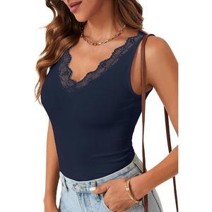 image:imageLYANER Womens Lace Trim V Neck Camisole Top Ribbed Knit Basic Cami Tank Sleeveless Undershirt TopsDeep Navy Blue