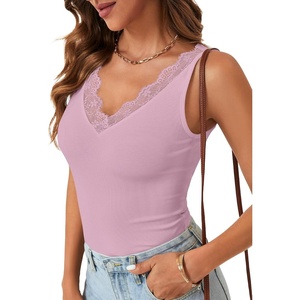 image:imageLYANER Womens Lace Trim V Neck Camisole Top Ribbed Knit Basic Cami Tank Sleeveless Undershirt TopsDusty Pink