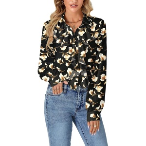 image:imageLYANER Womens Long Sleeve Ruffle Blouse Dressy Ruffled Collar Button Down Shirts Victorian TopsChampagne Flower
