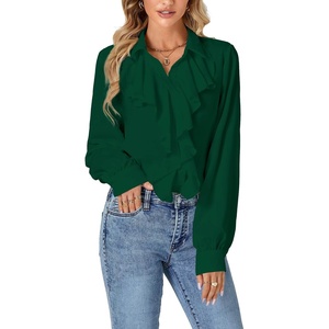 image:imageLYANER Womens Long Sleeve Ruffle Blouse Dressy Ruffled Collar Button Down Shirts Victorian TopsDark Green