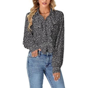image:imageLYANER Womens Long Sleeve Ruffle Blouse Dressy Ruffled Collar Button Down Shirts Victorian TopsFloral Black