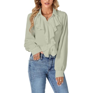 image:imageLYANER Womens Long Sleeve Ruffle Blouse Dressy Ruffled Collar Button Down Shirts Victorian TopsLight Green