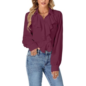 image:imageLYANER Womens Long Sleeve Ruffle Blouse Dressy Ruffled Collar Button Down Shirts Victorian TopsPlum Purple
