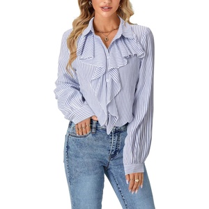 image:imageLYANER Womens Long Sleeve Ruffle Blouse Dressy Ruffled Collar Button Down Shirts Victorian TopsStriped Blue