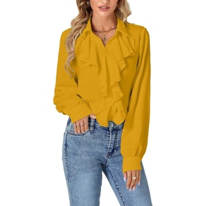 image:imageLYANER Womens Long Sleeve Ruffle Blouse Dressy Ruffled Collar Button Down Shirts Victorian TopsYellow