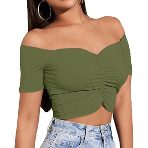 image:imageLYANER Womens Off Shoulder Ruched Short Sleeve Rib Knit Sexy Crop Top BlouseArmy Green