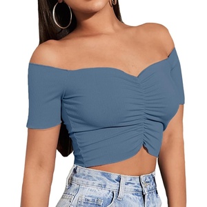 image:imageLYANER Womens Off Shoulder Ruched Short Sleeve Rib Knit Sexy Crop Top BlouseDark Blue