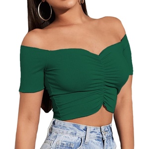 image:imageLYANER Womens Off Shoulder Ruched Short Sleeve Rib Knit Sexy Crop Top BlouseDark Green