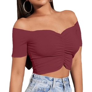 image:imageLYANER Womens Off Shoulder Ruched Short Sleeve Rib Knit Sexy Crop Top BlouseDark Red