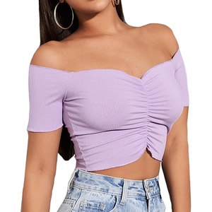 image:imageLYANER Womens Off Shoulder Ruched Short Sleeve Rib Knit Sexy Crop Top BlouseLight Purple