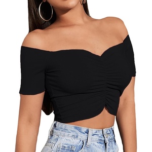 image:imageLYANER Womens Off Shoulder Ruched Short Sleeve Rib Knit Sexy Crop Top BlousePure Black
