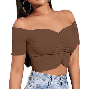 image:imageLYANER Womens Off Shoulder Ruched Short Sleeve Rib Knit Sexy Crop Top BlousePure Brown