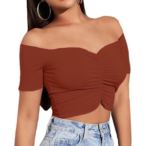 image:imageLYANER Womens Off Shoulder Ruched Short Sleeve Rib Knit Sexy Crop Top BlousePure Caramel