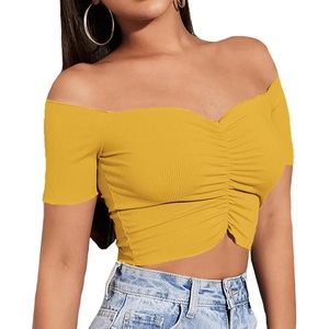 image:imageLYANER Womens Off Shoulder Ruched Short Sleeve Rib Knit Sexy Crop Top BlousePure Ginger
