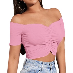 image:imageLYANER Womens Off Shoulder Ruched Short Sleeve Rib Knit Sexy Crop Top BlousePure Light Pink