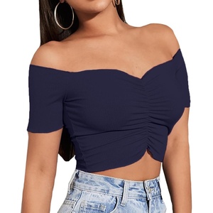 image:imageLYANER Womens Off Shoulder Ruched Short Sleeve Rib Knit Sexy Crop Top BlousePure Navy Blue