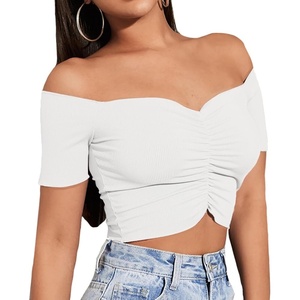 image:imageLYANER Womens Off Shoulder Ruched Short Sleeve Rib Knit Sexy Crop Top BlousePure White