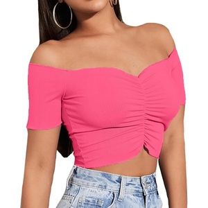 image:imageLYANER Womens Off Shoulder Ruched Short Sleeve Rib Knit Sexy Crop Top BlouseRose Pink