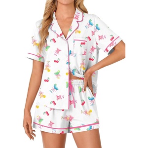 image:imageLYANER Womens Pajama Sets Striped Button Down Pj Set Sleepwear Shirt and Shorts Two Piece Lounge SetsCherry Print