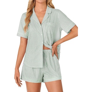 image:imageLYANER Womens Pajama Sets Striped Button Down Pj Set Sleepwear Shirt and Shorts Two Piece Lounge SetsLight Green