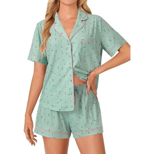 image:imageLYANER Womens Pajama Sets Striped Button Down Pj Set Sleepwear Shirt and Shorts Two Piece Lounge SetsLight Green Print