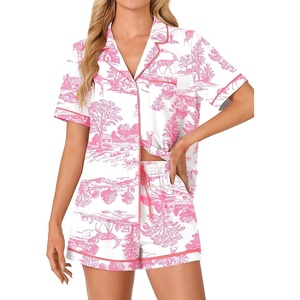 image:imageLYANER Womens Pajama Sets Striped Button Down Pj Set Sleepwear Shirt and Shorts Two Piece Lounge SetsPink Print