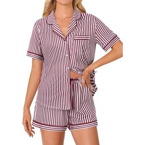 image:imageLYANER Womens Pajama Sets Striped Button Down Pj Set Sleepwear Shirt and Shorts Two Piece Lounge SetsRed