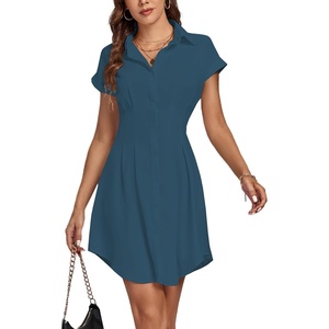image:imageLYANER Womens Pleated Waist Collar V Neck Button Down Short Sleeve Mini Short Shirt DressTeal Blue