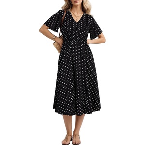 image:imageLYANER Womens Polka Dots V Neck Short Sleeve Ruffle Tie Back Beach Vacation Midi SundressBlack