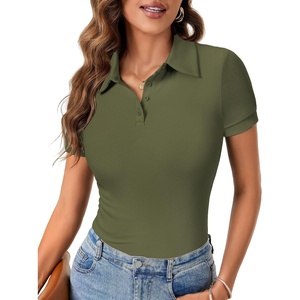 image:imageLYANER Womens Polo Shirts Short Sleeve Business Casual V Neck Collared Button Fitted TopsSolid Army Green