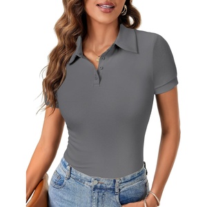 image:imageLYANER Womens Polo Shirts Short Sleeve Business Casual V Neck Collared Button Fitted TopsSolid Grey