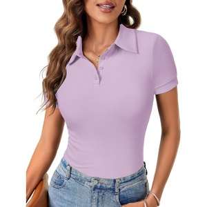 image:imageLYANER Womens Polo Shirts Short Sleeve Business Casual V Neck Collared Button Fitted TopsSolid Light Purple