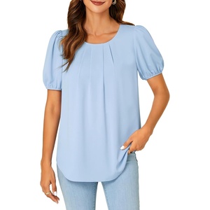 image:imageLYANER Womens Puff Short Sleeve Tunic Tops Pleated Crewneck Loose Dressy Blouses T ShirtsLight Blue
