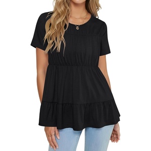 image:imageLYANER Womens Ruffle Ruched Round Neck Short Sleeve Loose Fit Casual Blouse TopBlack