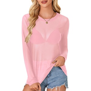 image:imageLYANER Womens Sheer Mesh Long Sleeve Round Neck Sexy See Through Blouse Shirt TopLight Pink