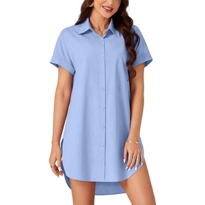 image:imageLYANER Womens Shirt Dress Collar Neck Short Sleeve Button Down Blouse DressBlue
