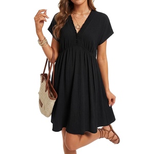 image:imageLYANER Womens Smocked Ruffle V Neck Short Sleeve Ruched A Line Casual Beach Mini DressBlack