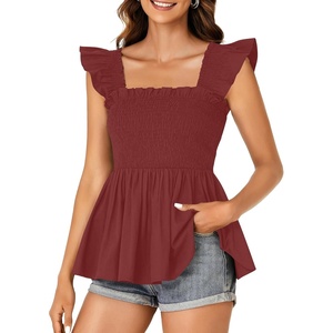 image:imageLYANER Womens Square Neck Ruffle Cap Short Sleeve Smocked Summer Peplum Top Babydoll Flowy Blouse TankBurgundy