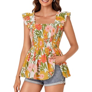 image:imageLYANER Womens Square Neck Ruffle Cap Short Sleeve Smocked Summer Peplum Top Babydoll Flowy Blouse TankFloral Yellow