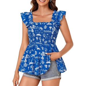 image:imageLYANER Womens Square Neck Ruffle Cap Short Sleeve Smocked Summer Peplum Top Babydoll Flowy Blouse TankPrinter Royal Blue