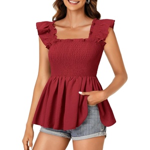 image:imageLYANER Womens Square Neck Ruffle Cap Short Sleeve Smocked Summer Peplum Top Babydoll Flowy Blouse TankSolid Burgundy